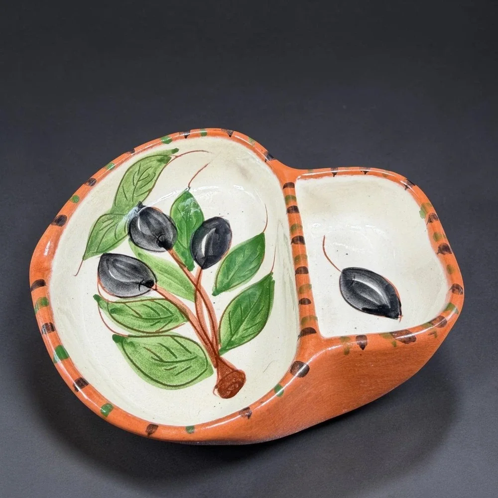 Olaria Oliverio Dourado Portugal Hand Painted Ceramic Olive Divided Serving Dish